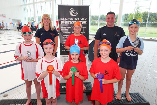 Hampshire Chronicle: Winchester City Penguins 20th Primary Schools swimming gala. Year 4 girls 25 metres final medal presentation.